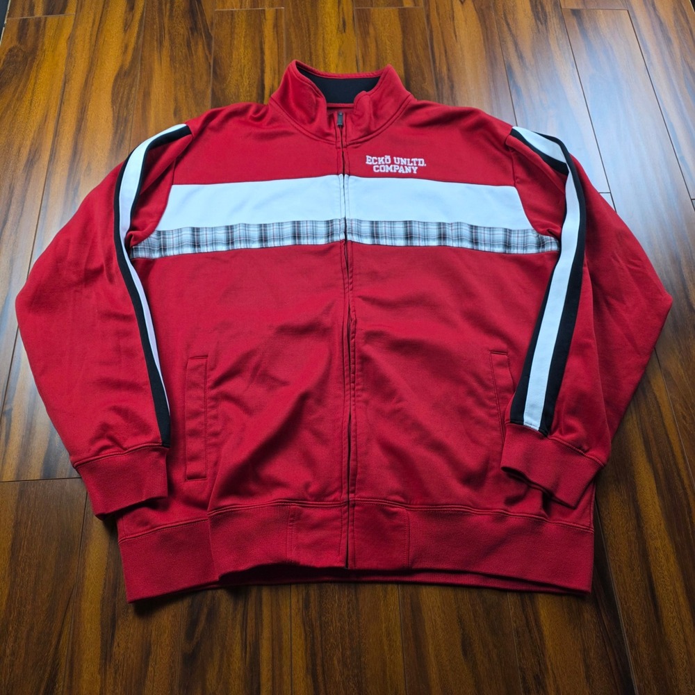 Ecko Unltd Mens Y2K Track Jacket Red Plaid Stripe Full Zip Rhino Logo XL